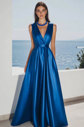Königsblaues Satin Abendkleid mit V-Ausschnitt in A-Linie